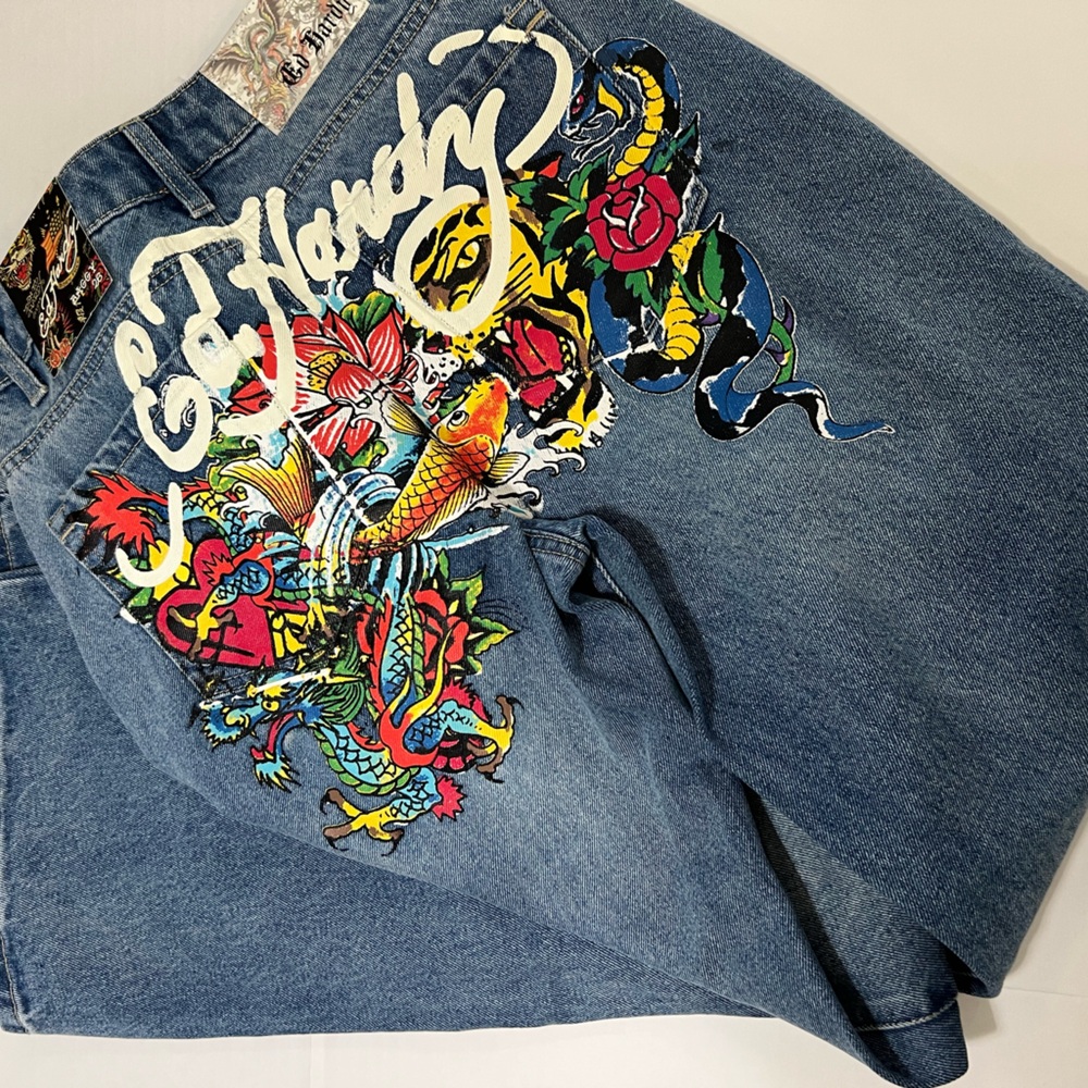 Ed Hardy Blue Jeans with Colorful Tiger Design